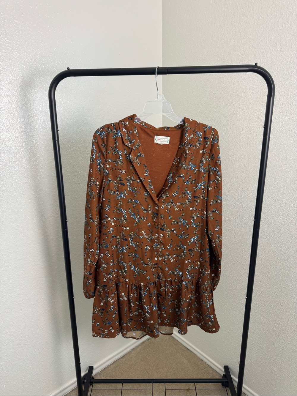 Love Riche Brown Floral Long Sleeve Tiered Dress